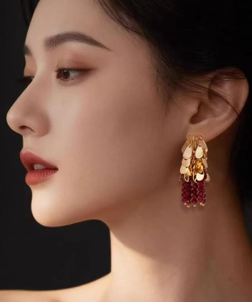 Art Red Copper Alloy Crystal Tassel Drop Earrings - Image 2