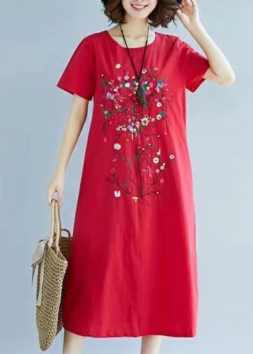 Art Red Embroidered Linen Holiday Dress Summer - Image 3
