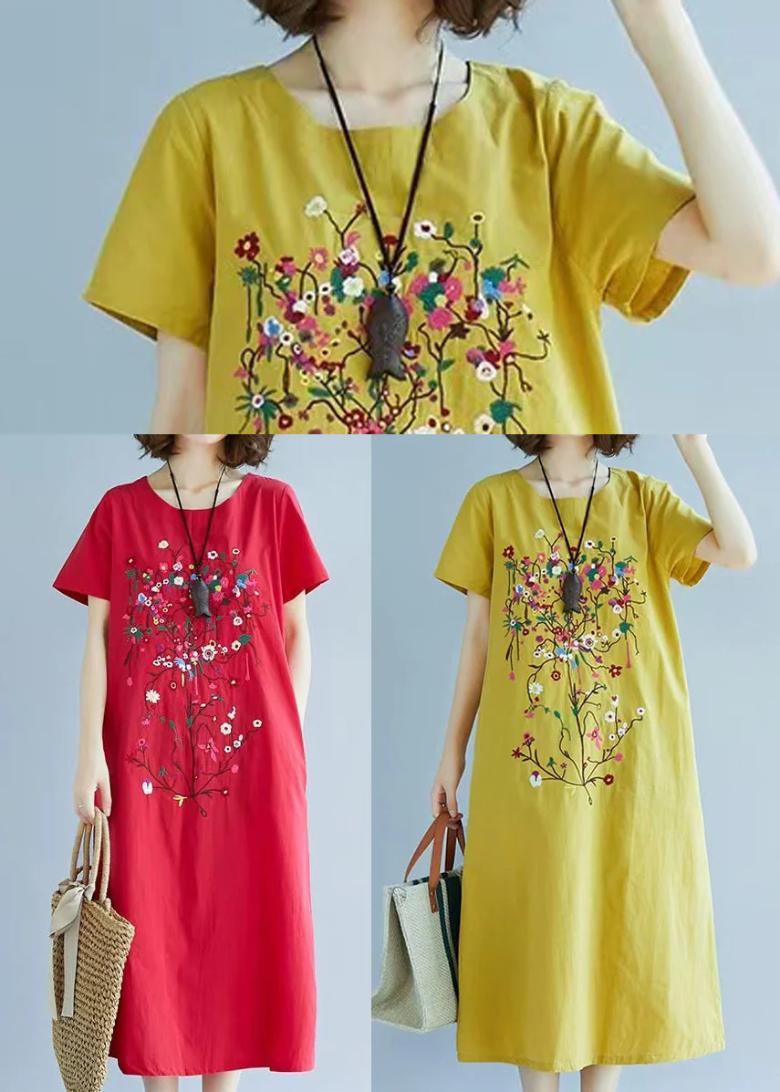 Art Red Embroidered Linen Holiday Dress Summer - Image 5
