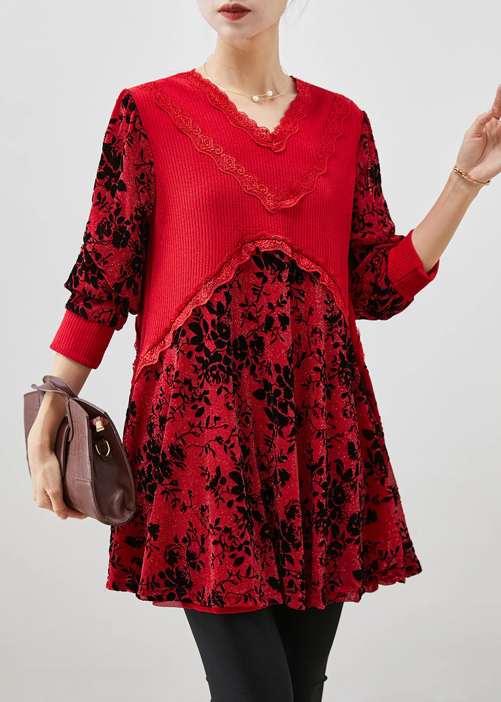 Art Red Jacquard Patchwork Silk Velour Mini Dresses Fall - Image 3