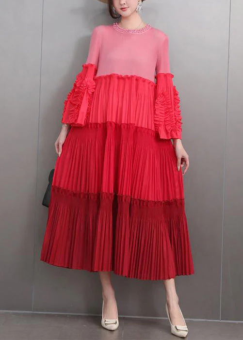 Art Red Nail Bead Wrinkled Patchwork Long Dresses Flare Sleeve - Image 2
