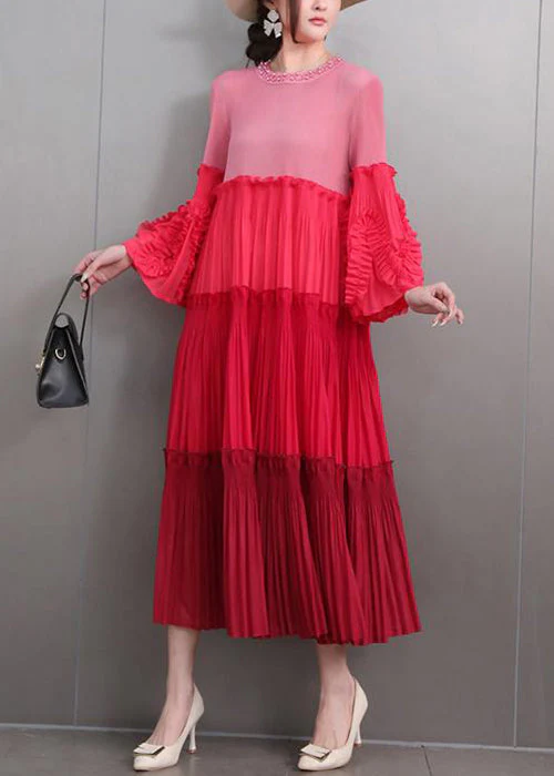 Art Red Nail Bead Wrinkled Patchwork Long Dresses Flare Sleeve - Image 3