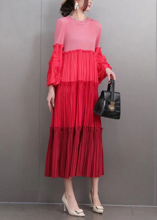Art Red Nail Bead Wrinkled Patchwork Long Dresses Flare Sleeve - Image 4