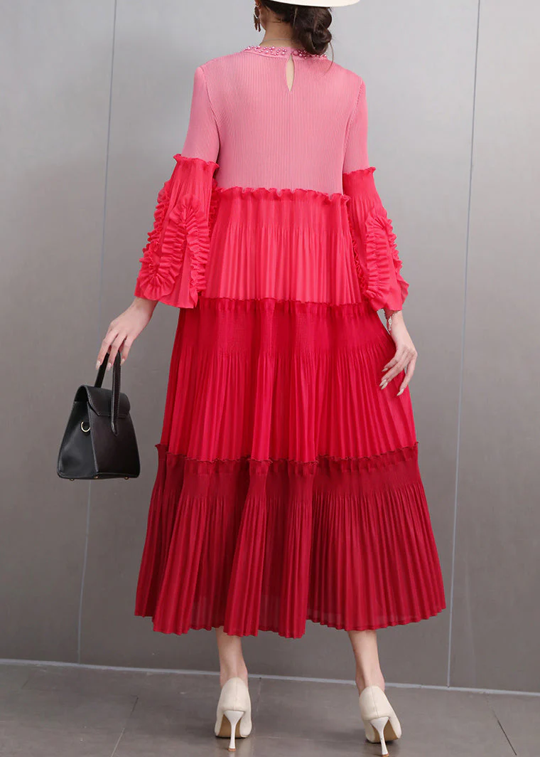 Art Red Nail Bead Wrinkled Patchwork Long Dresses Flare Sleeve - Image 5