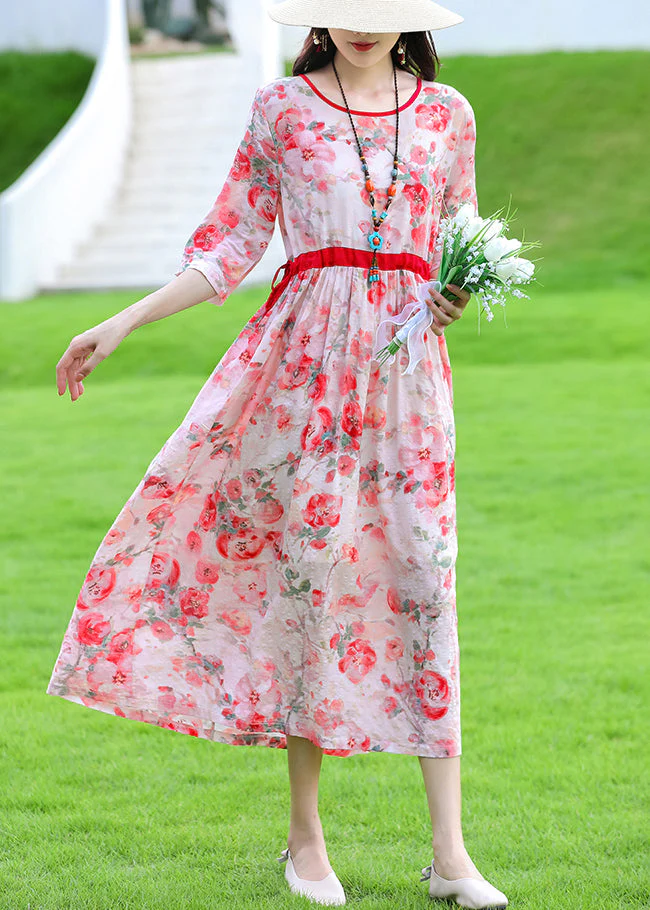 Art Red O Neck Print Lace Up Linen Dress Summer - Image 3