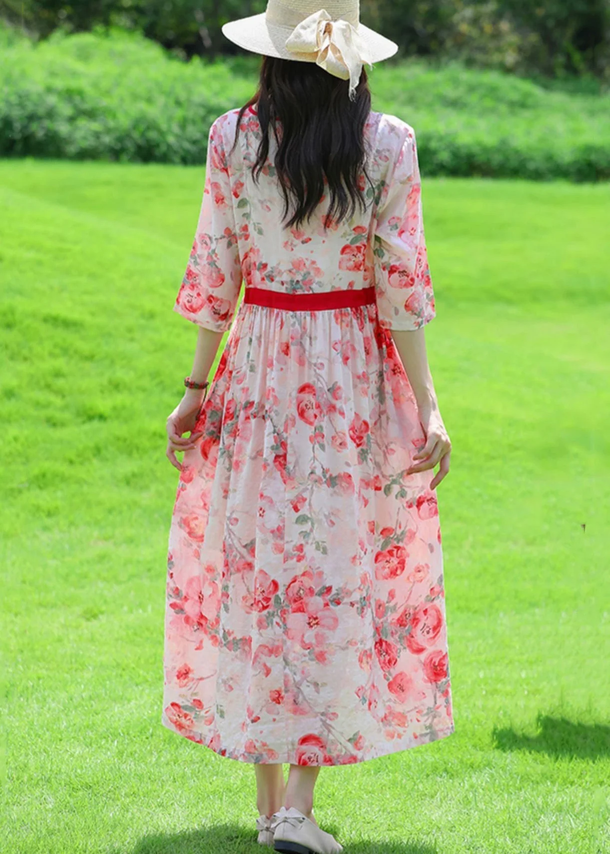 Art Red O Neck Print Lace Up Linen Dress Summer - Image 4