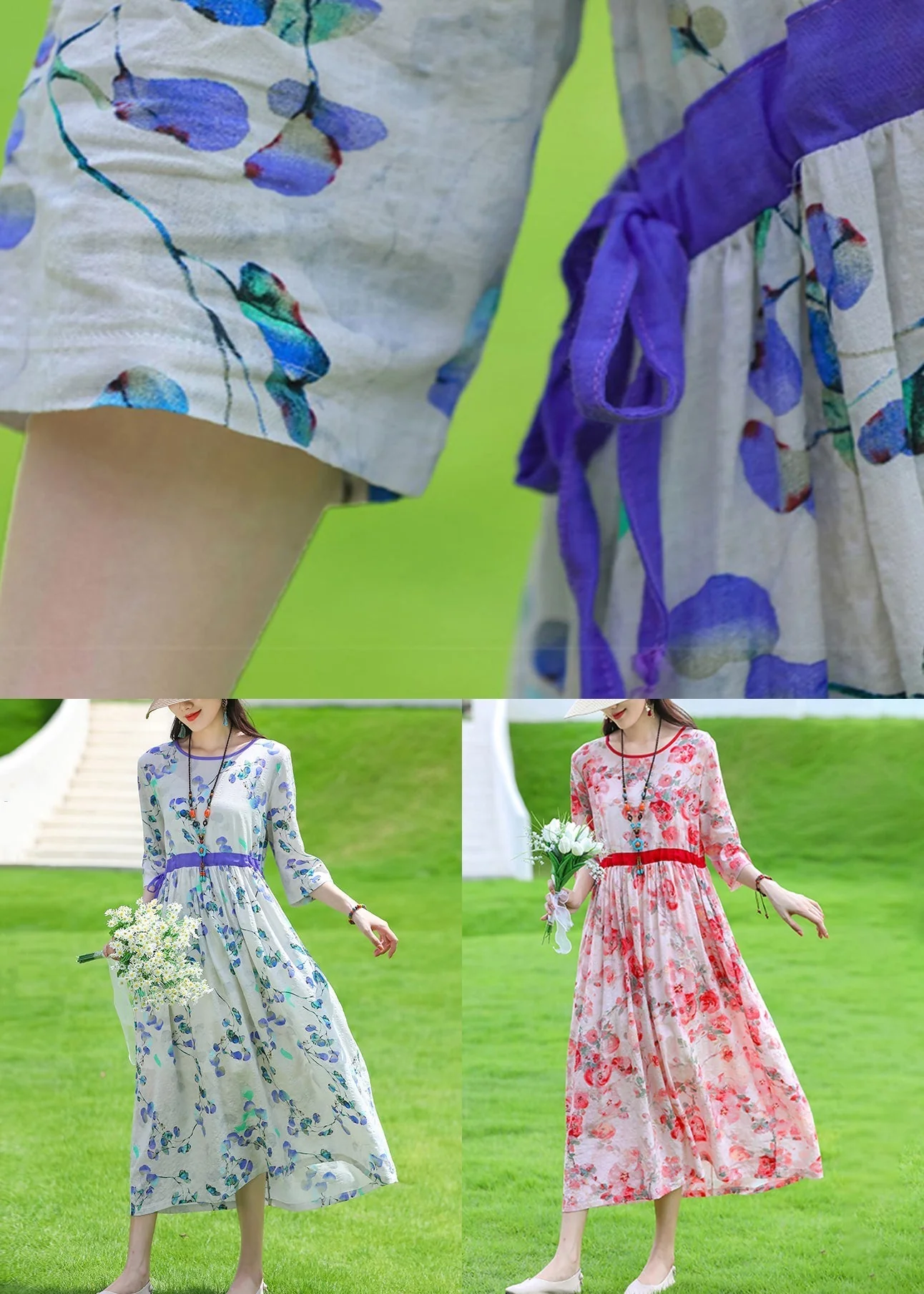Art Red O Neck Print Lace Up Linen Dress Summer - Image 5