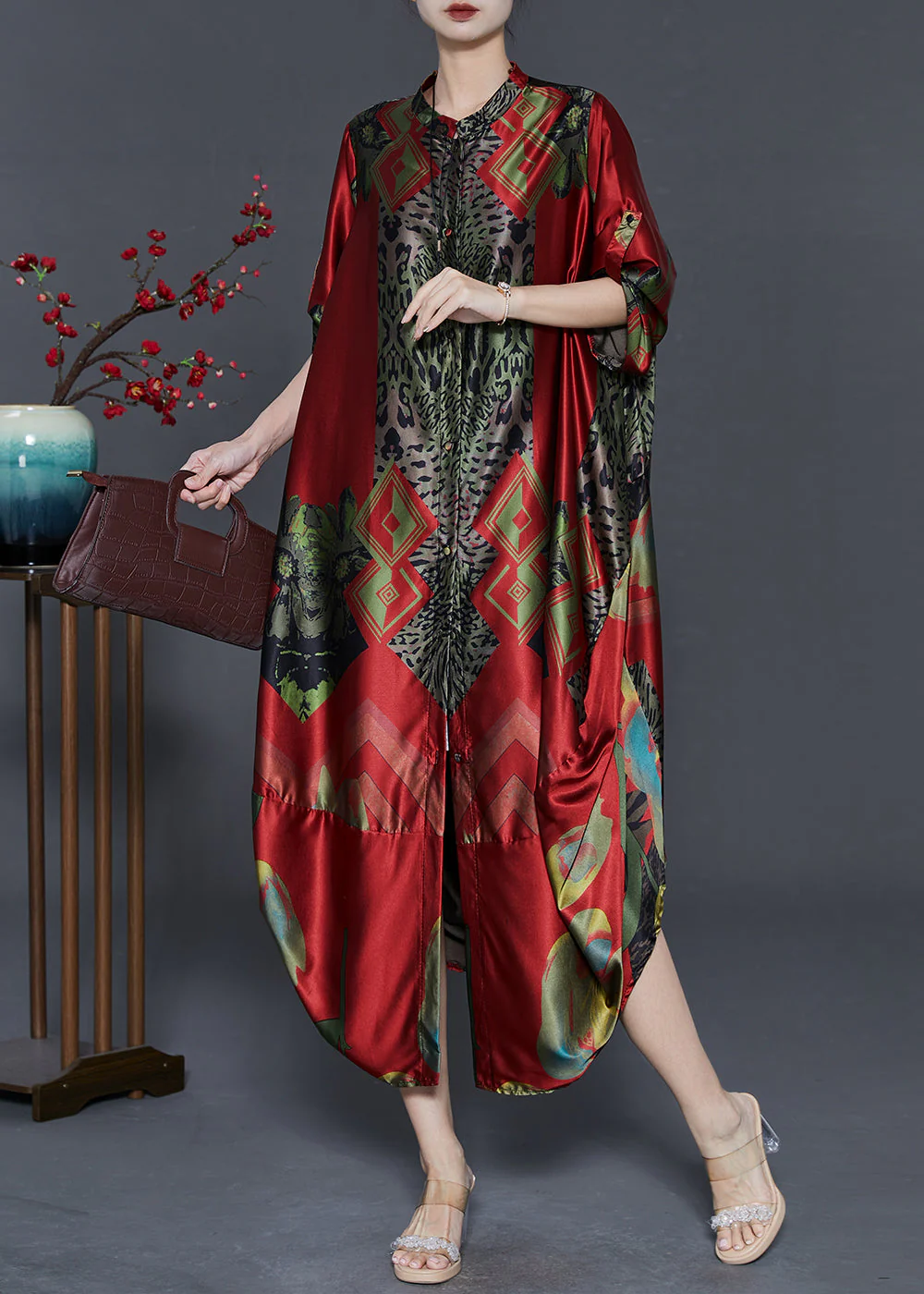 Art Red Oversized Print Silk Party Dress Fall - Image 2