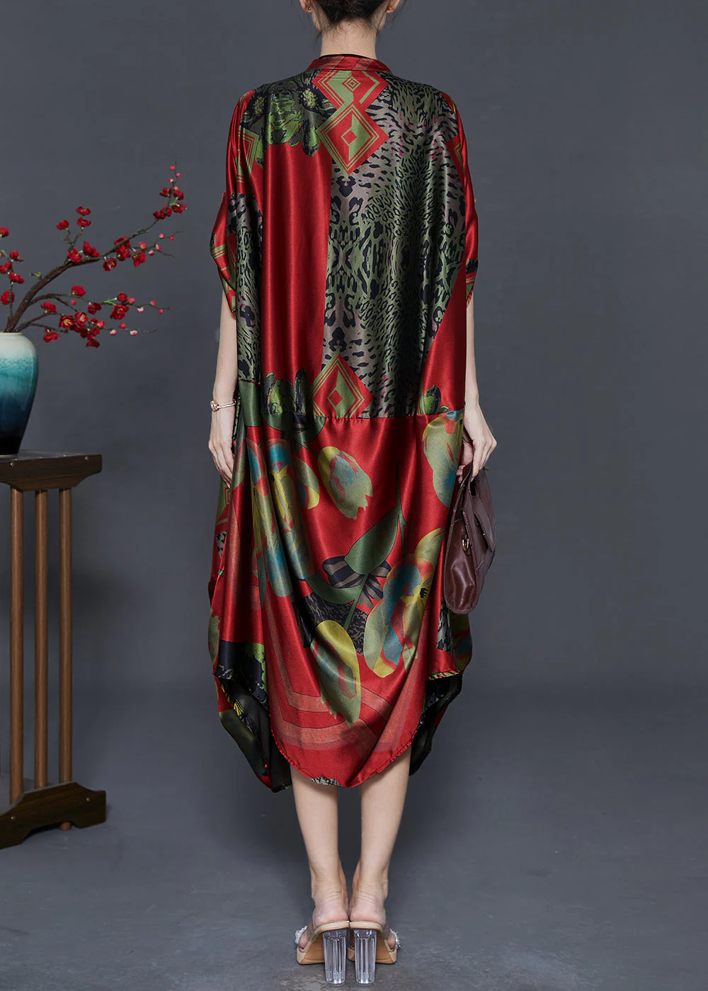 Art Red Oversized Print Silk Party Dress Fall - Image 4