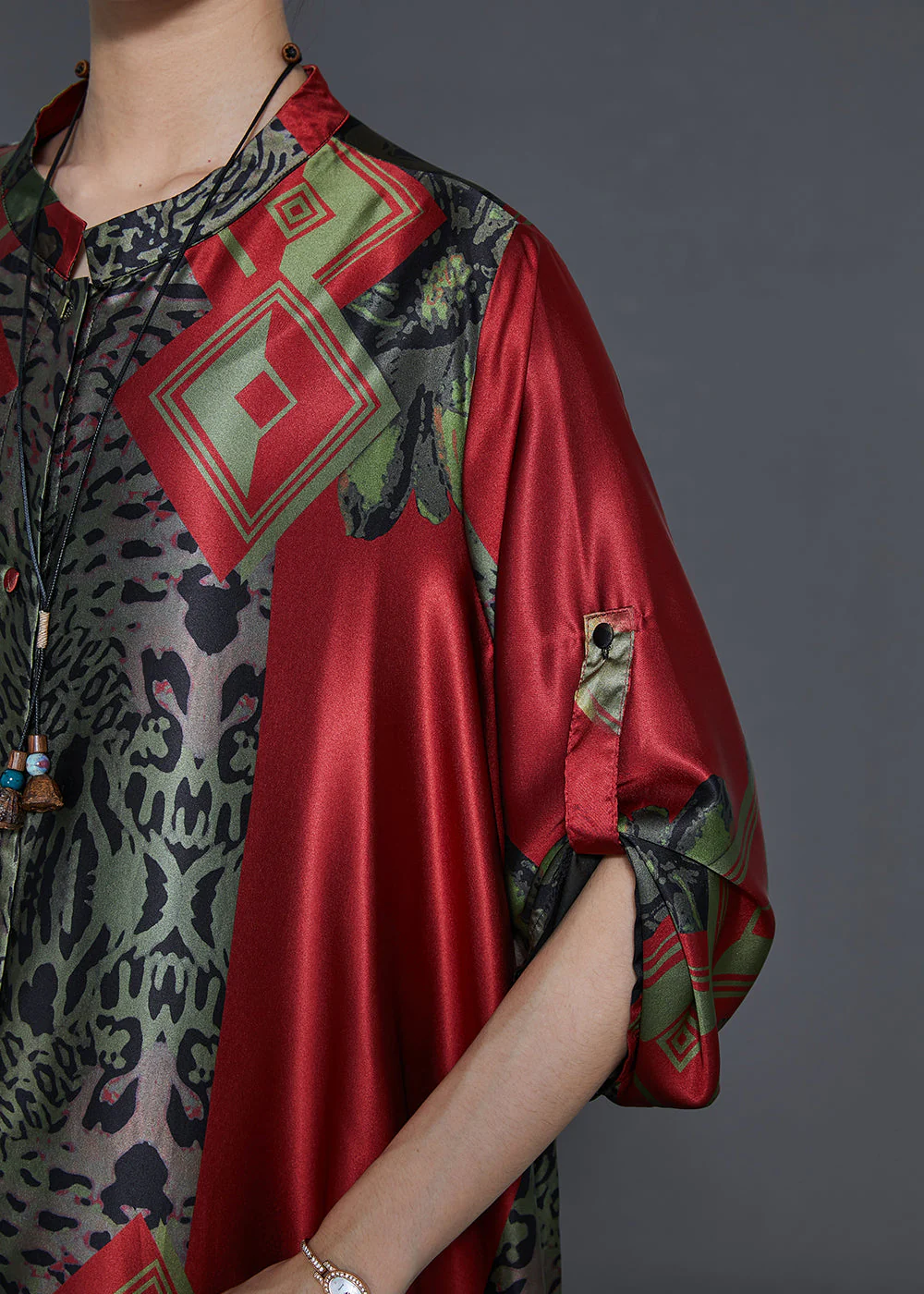 Art Red Oversized Print Silk Party Dress Fall - Image 5