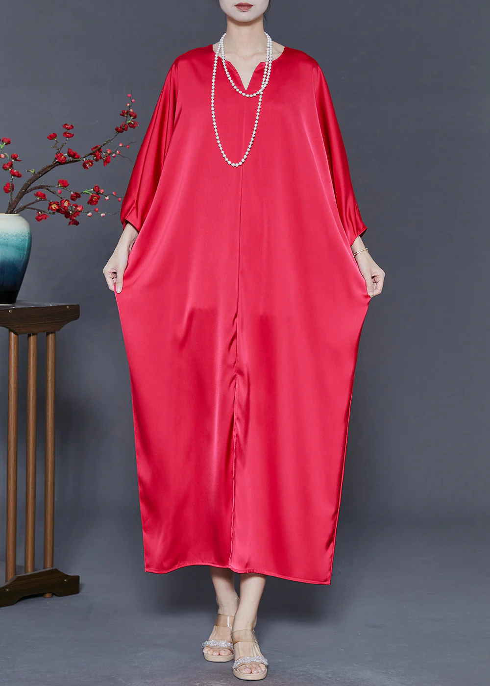 Art Red Oversized Silk Robe Dresses Batwing Sleeve - Image 2