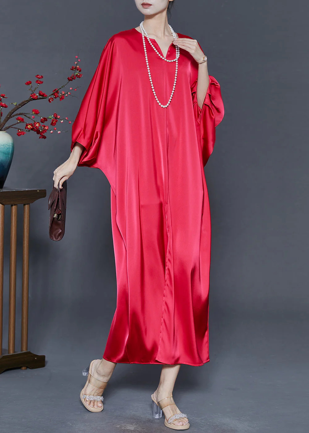 Art Red Oversized Silk Robe Dresses Batwing Sleeve - Image 3