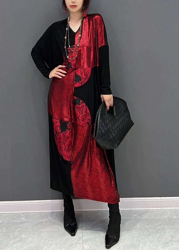 Art Red Patchwork Black V Neck Print Maxi Dress Fall - Image 2