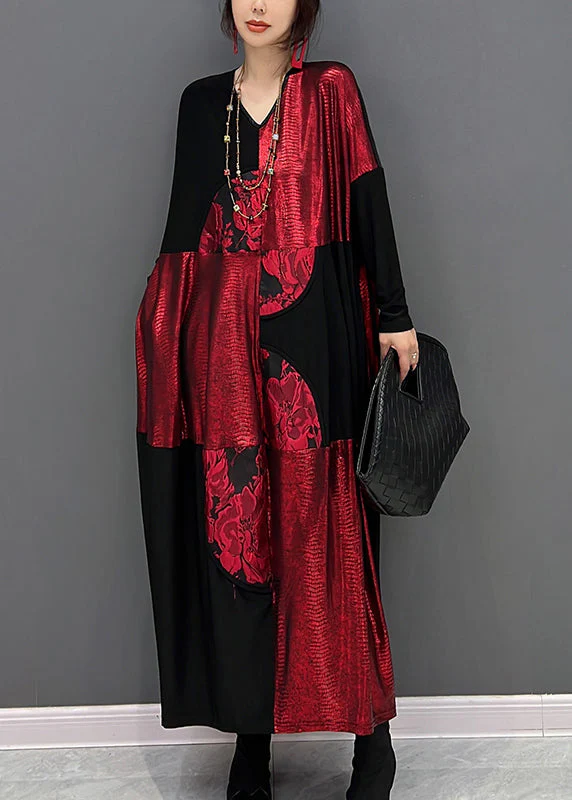 Art Red Patchwork Black V Neck Print Maxi Dress Fall - Image 3
