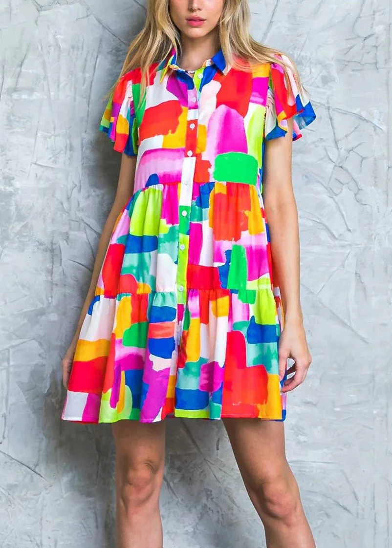 Art Red Peter Pan Collar Button Cotton Shirts Dress Summer - Image 2