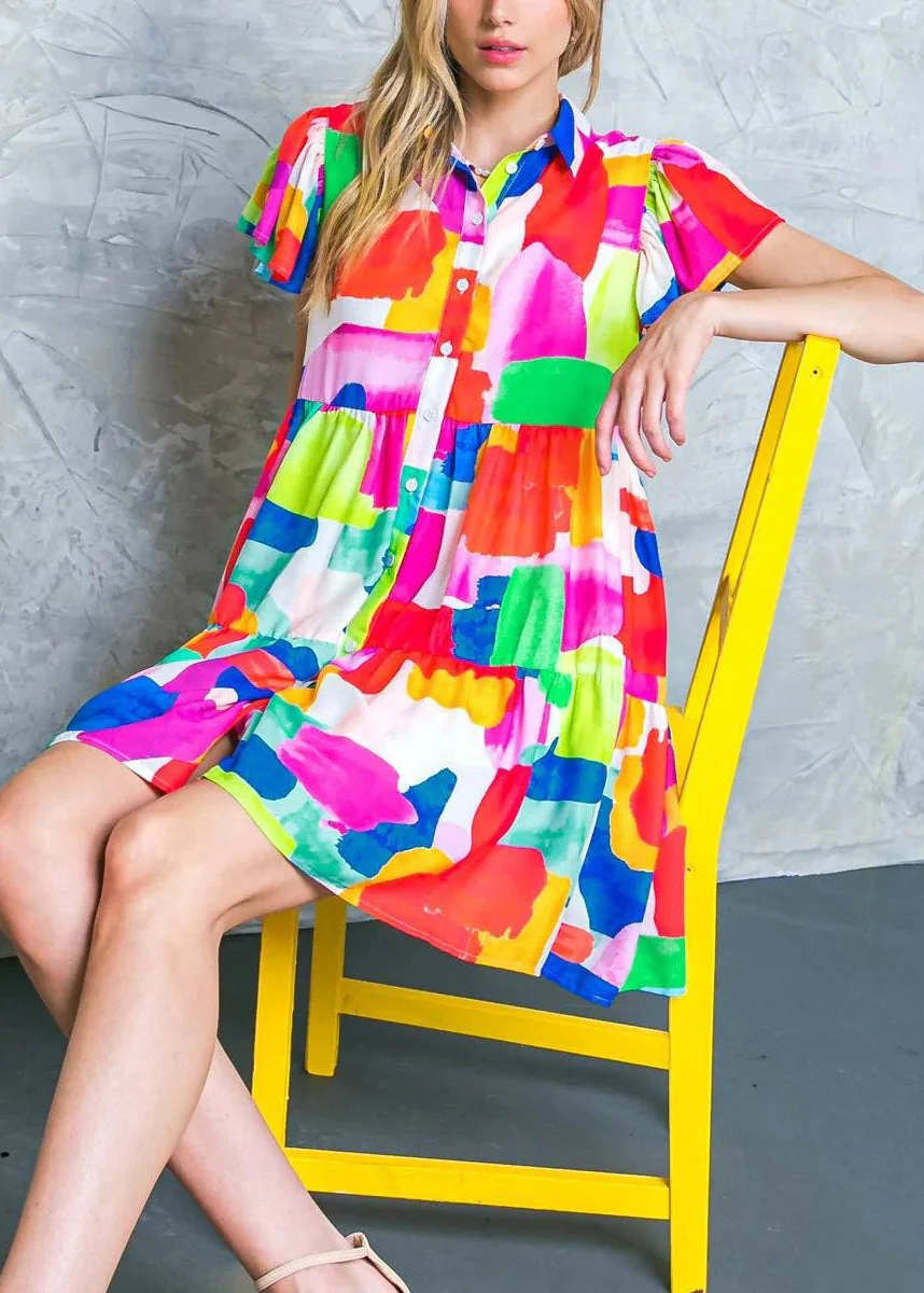 Art Red Peter Pan Collar Button Cotton Shirts Dress Summer - Image 3