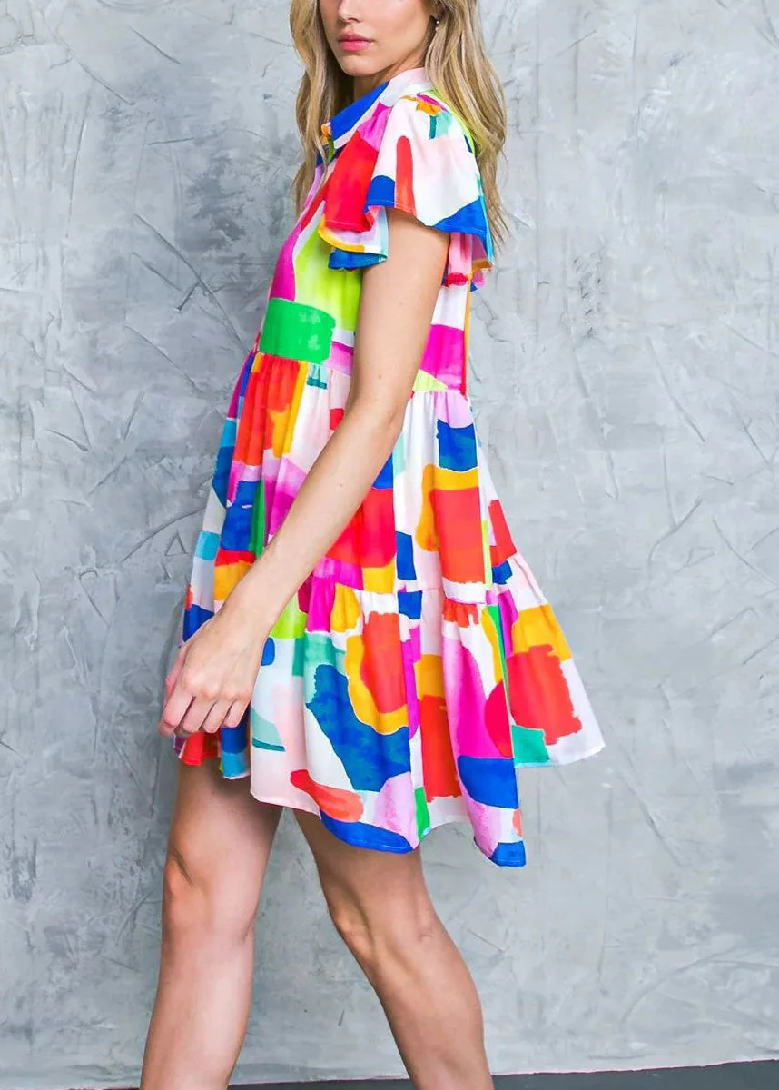 Art Red Peter Pan Collar Button Cotton Shirts Dress Summer - Image 4