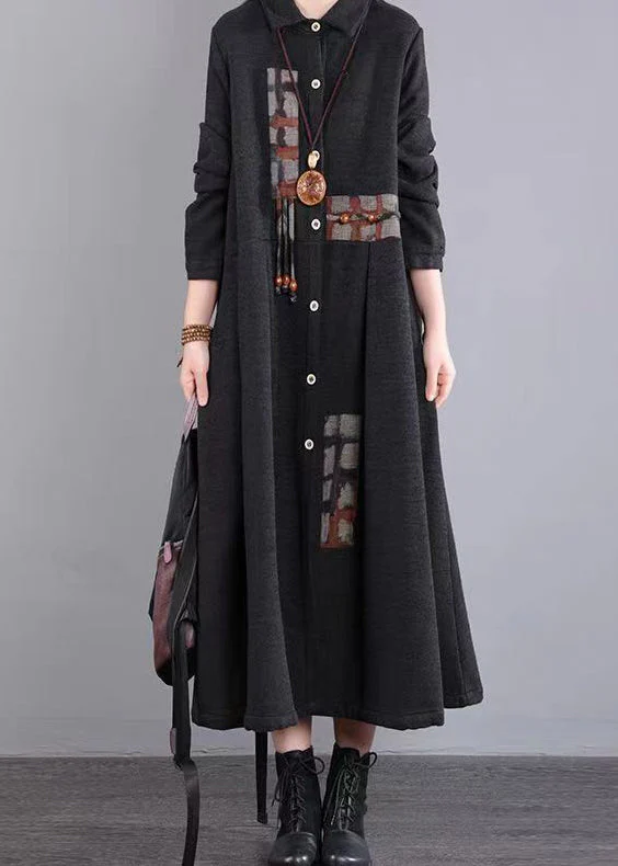 Art Red Peter Pan Collar Pockets Patchwork Warm Fleece Maxi Dresses Winter - Image 2