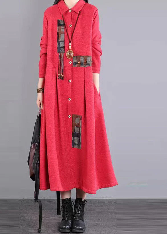 Art Red Peter Pan Collar Pockets Patchwork Warm Fleece Maxi Dresses Winter - Image 3