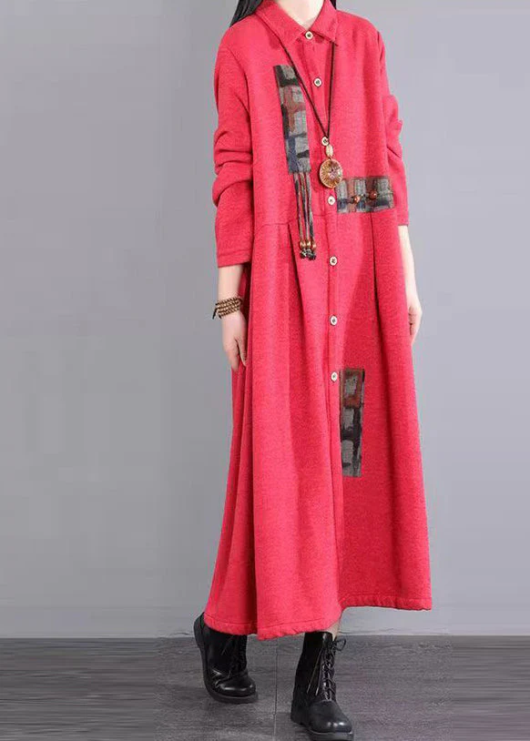 Art Red Peter Pan Collar Pockets Patchwork Warm Fleece Maxi Dresses Winter - Image 4