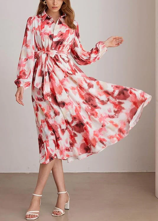 Art Red Peter Pan Collar Print Tie Waist Long Dress Fall - Image 2