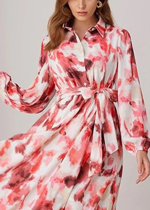 Art Red Peter Pan Collar Print Tie Waist Long Dress Fall - Image 3