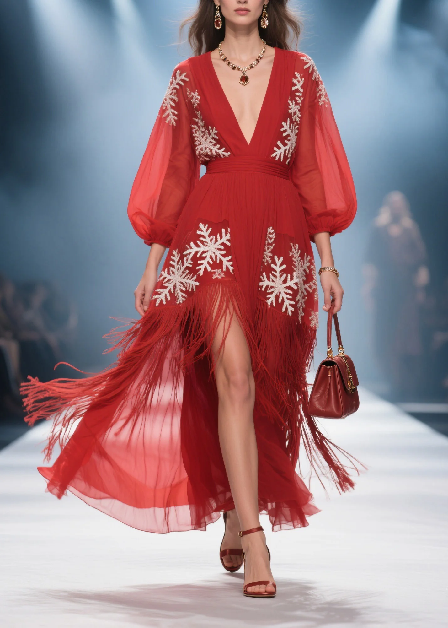 Art Red Print Tassel Patchwork Chiffon Holiday Dress Summer - Image 3
