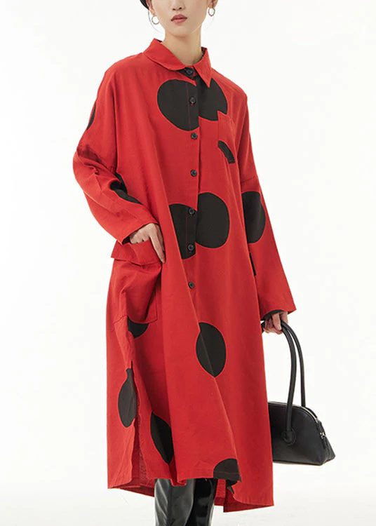 Art Red Side Open Button Maxi Shirt Dress Spring - Image 2