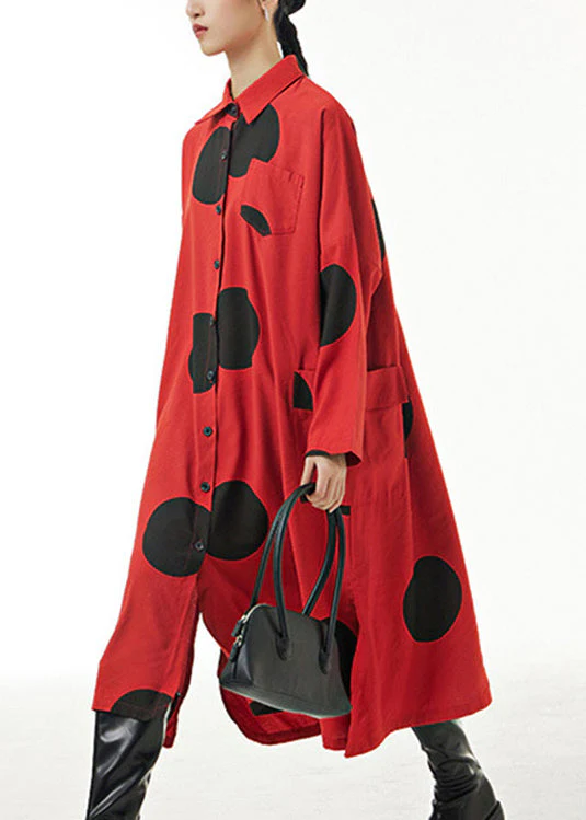 Art Red Side Open Button Maxi Shirt Dress Spring - Image 3