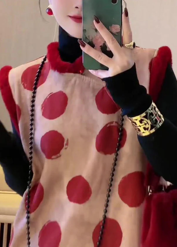 Art Red Stand Collar Dot Patchwork Thick Dress Sleeveless - Image 5