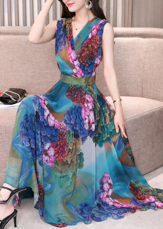 Art Red V Neck Print Tunic Holiday Maxi Dresses Sleeveless - Image 2