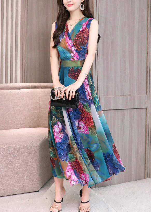 Art Red V Neck Print Tunic Holiday Maxi Dresses Sleeveless - Image 4