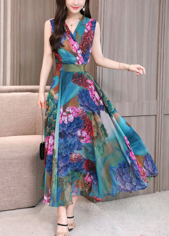 Art Red V Neck Print Tunic Holiday Maxi Dresses Sleeveless - Image 5