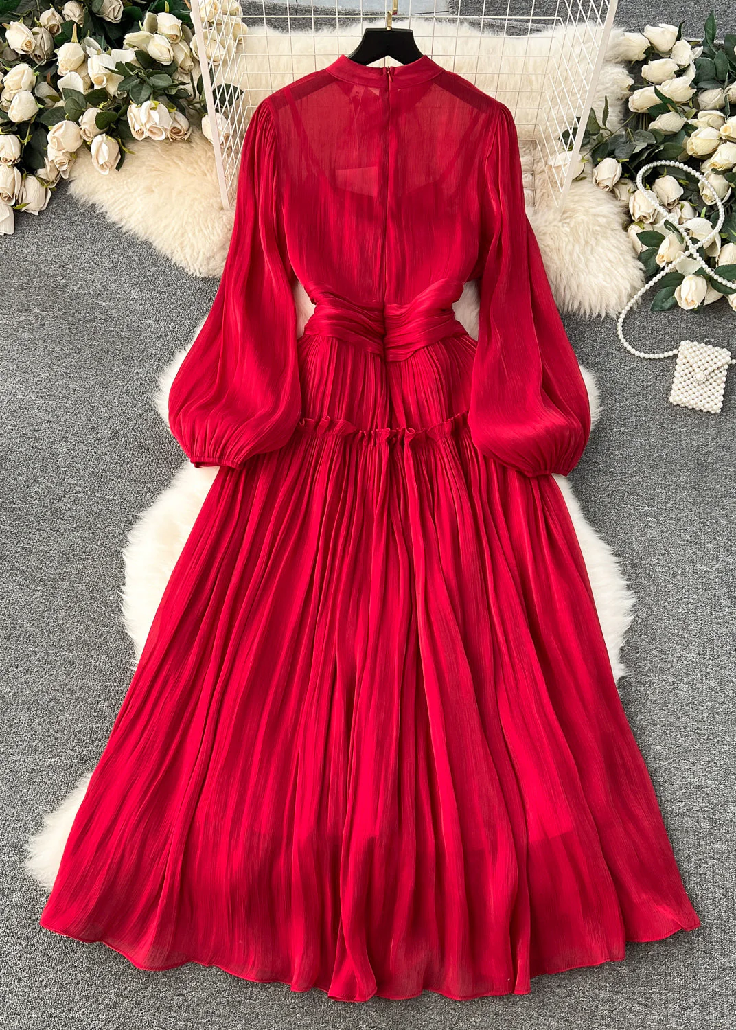 Art Red Wrinkled Solid Patchwork Silk Cotton Dress Long Sleeve - Image 5