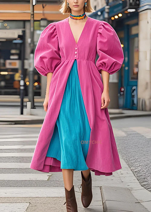 Art Rose V Neck Patchwork Corduroy Dresses Puff Sleeve - Image 2