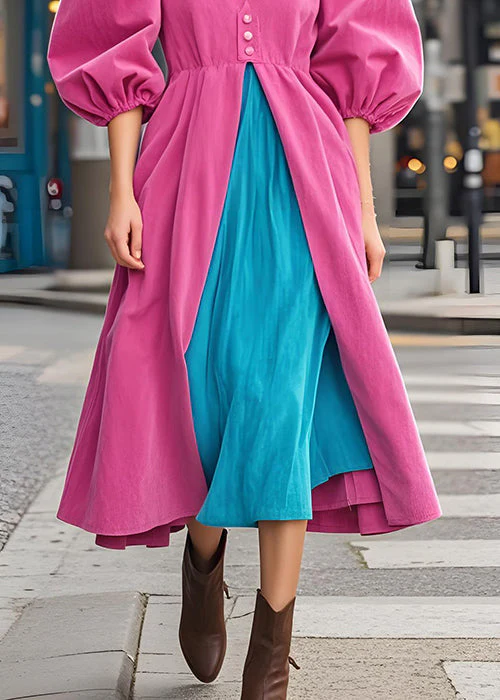Art Rose V Neck Patchwork Corduroy Dresses Puff Sleeve - Image 5