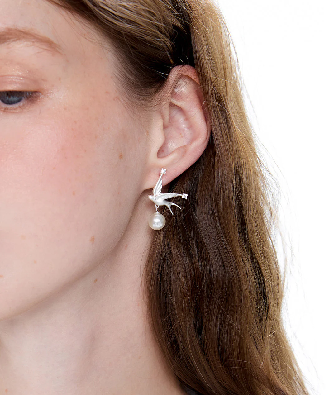 Art Silver Zircon Little Bird Pearl Silver Drop Earrings - Image 3
