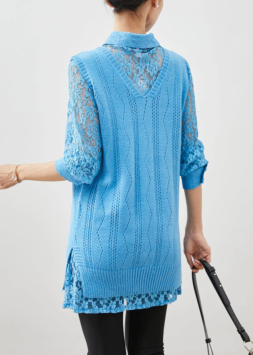Art Sky Blue Lace Up Knit Vest Dress Two Piece Set Women Clothing Spring - Image 3