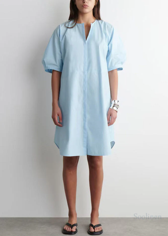Art Sky Blue Puff Sleeve Cotton Work Dress Summer - Image 2