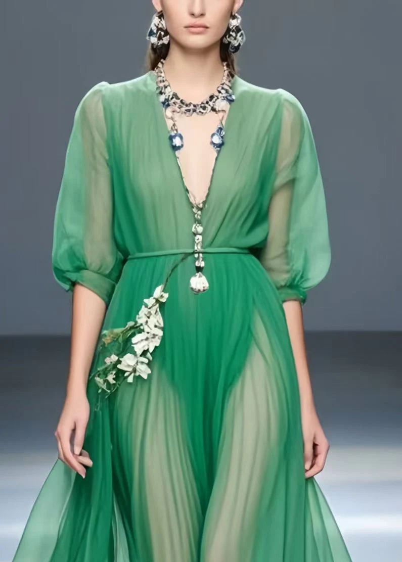 Art Tea Green Exra Large Hem Draping Chiffon Tunic Dress Summer - Image 2