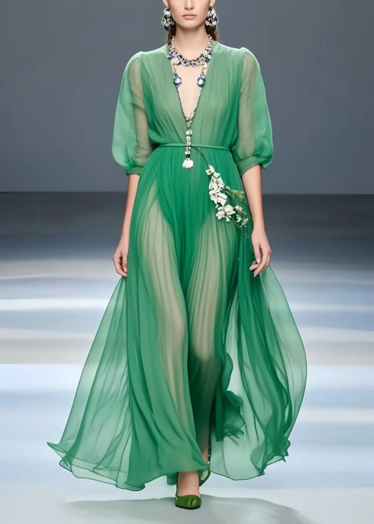 Art Tea Green Exra Large Hem Draping Chiffon Tunic Dress Summer - Image 3