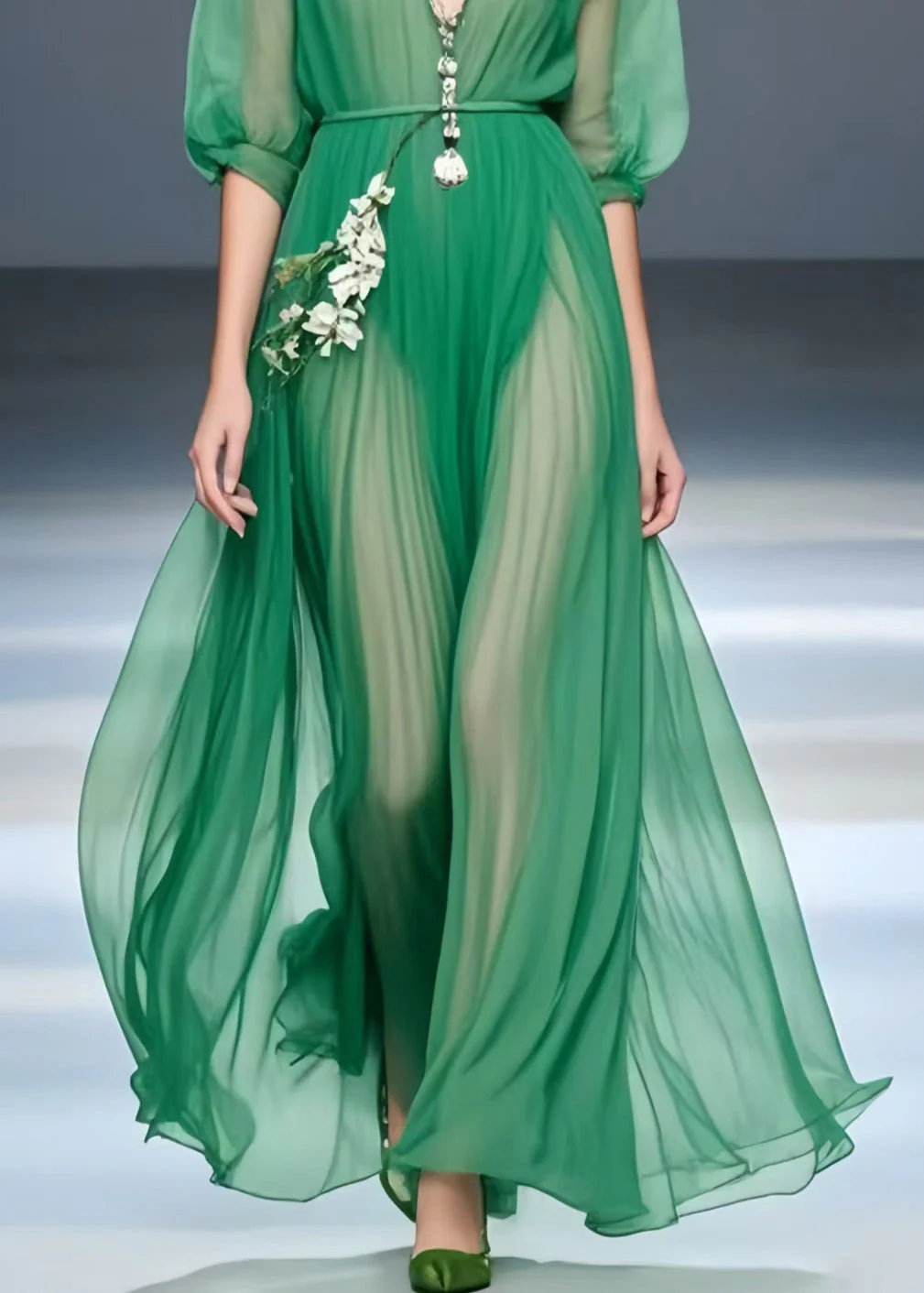 Art Tea Green Exra Large Hem Draping Chiffon Tunic Dress Summer - Image 4