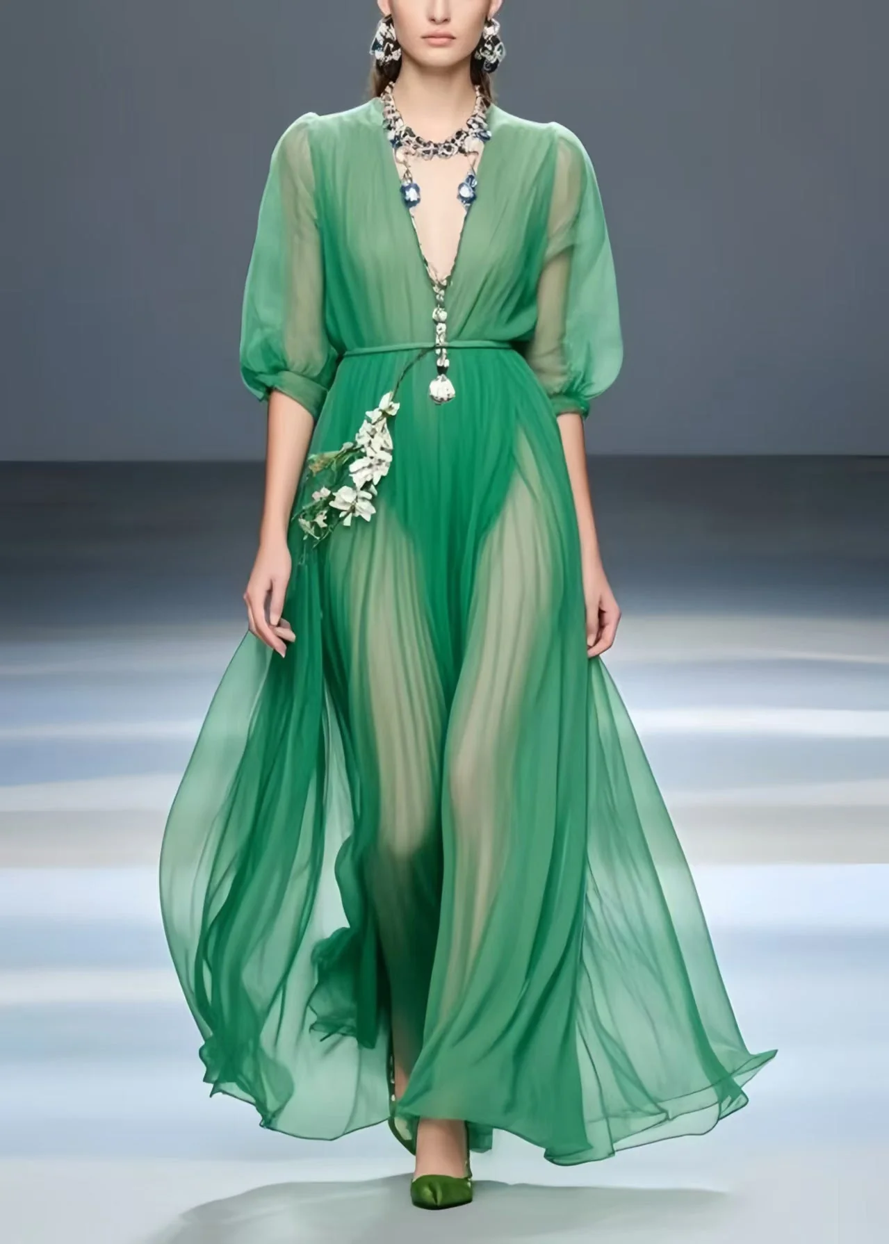 Art Tea Green Exra Large Hem Draping Chiffon Tunic Dress Summer - Image 5