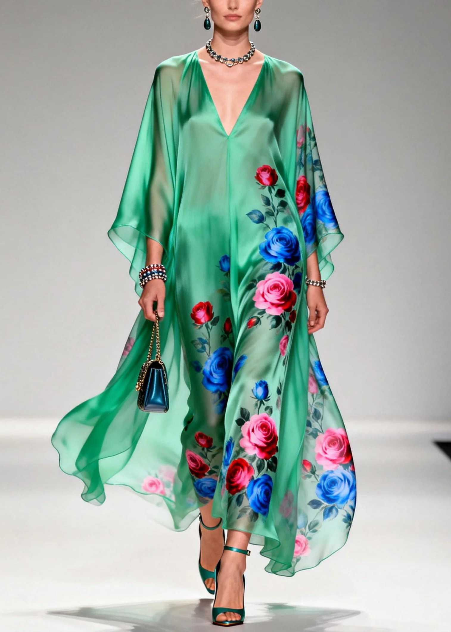 Art Tea Green Oversized Floral Print Chiffon Long Dresses Summer - Image 5