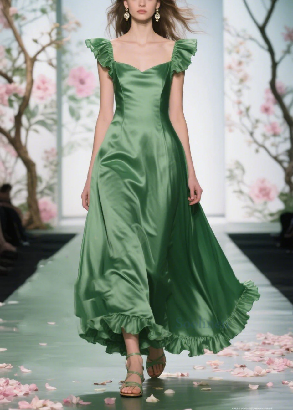Art Tea Green Ruffled Exra Large Hem Silk Maxi Dresses Summer - Image 3