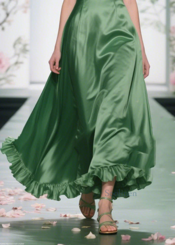 Art Tea Green Ruffled Exra Large Hem Silk Maxi Dresses Summer - Image 4