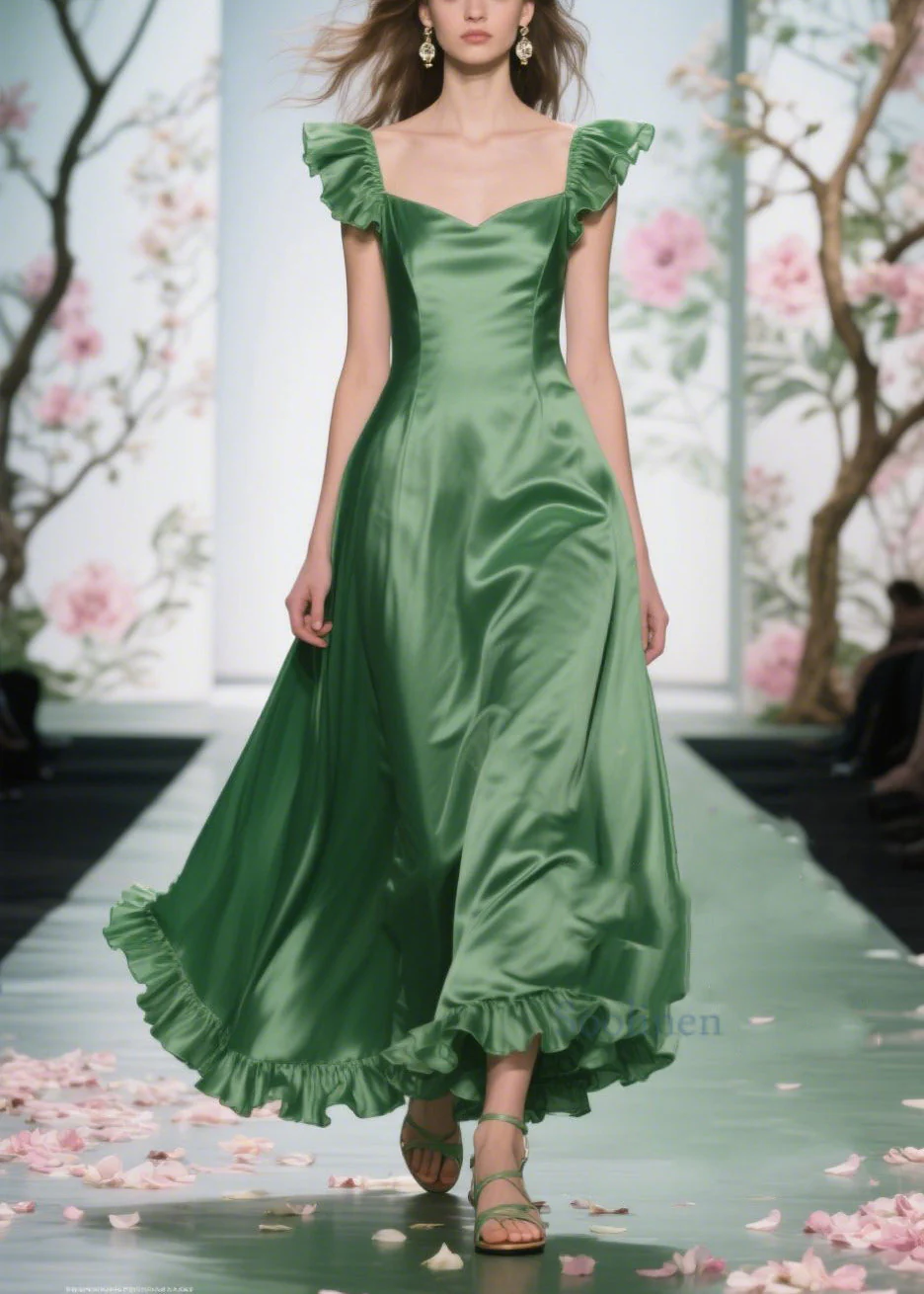 Art Tea Green Ruffled Exra Large Hem Silk Maxi Dresses Summer - Image 5
