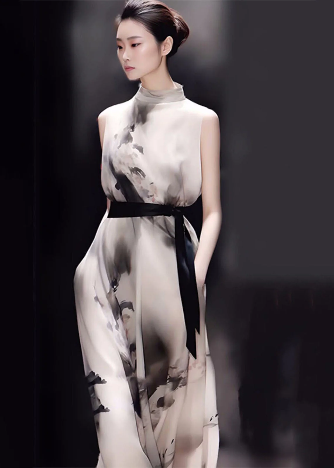 Art Turtleneck Print Tie Waist Long Dress Summer - Image 2