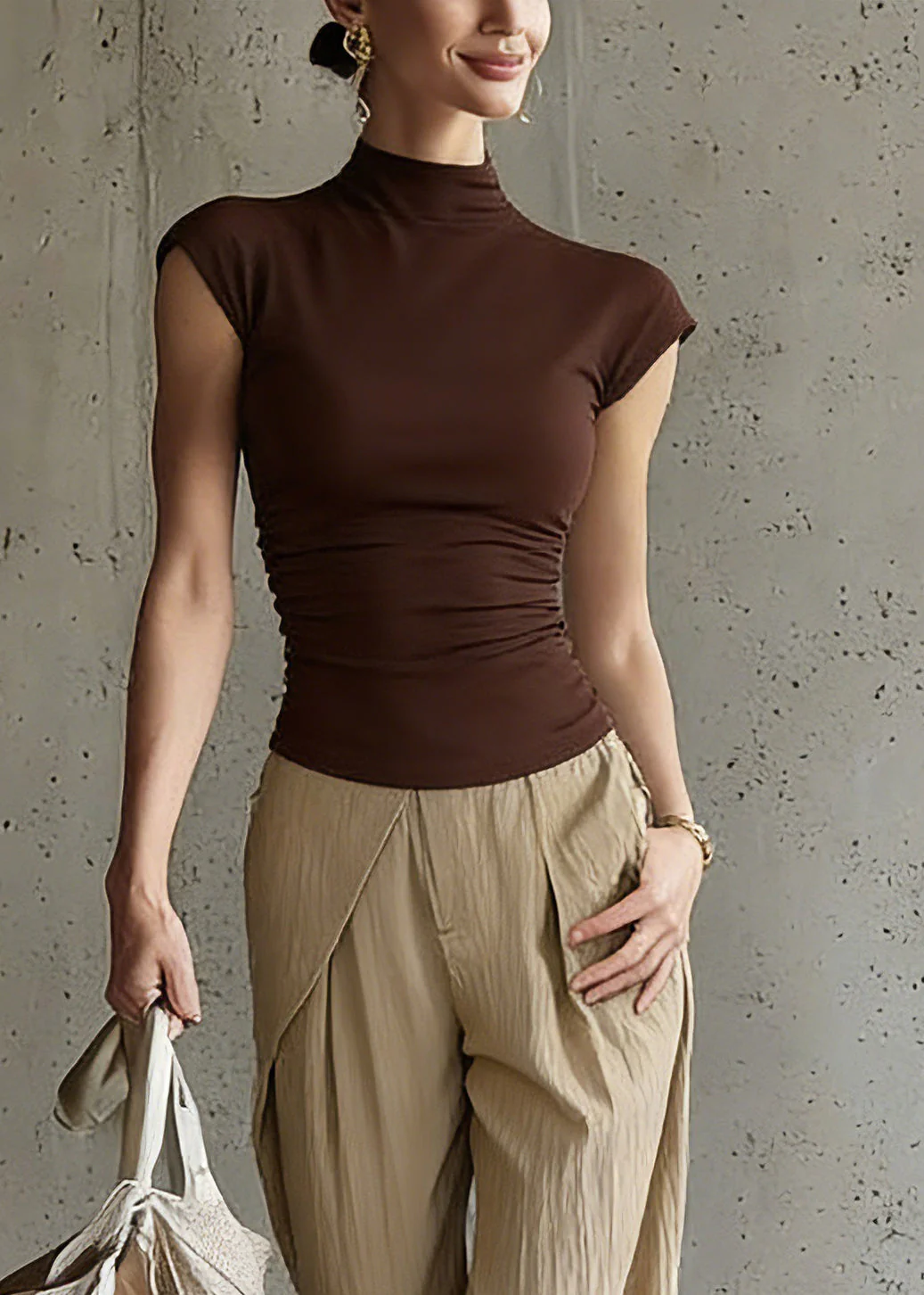 Art Turtleneck Top And Wide Leg Pants Two Piece Set Short Sleeve - Image 2