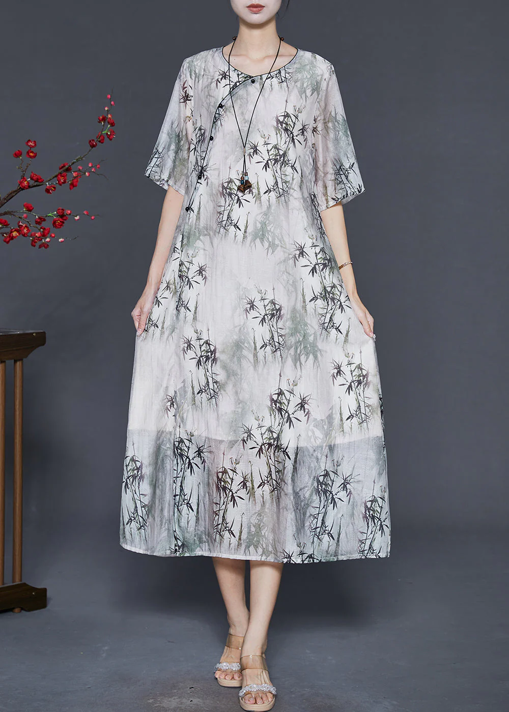 Art White Bamboo Leaf Print Silk Oriental Dress Summer - Image 2
